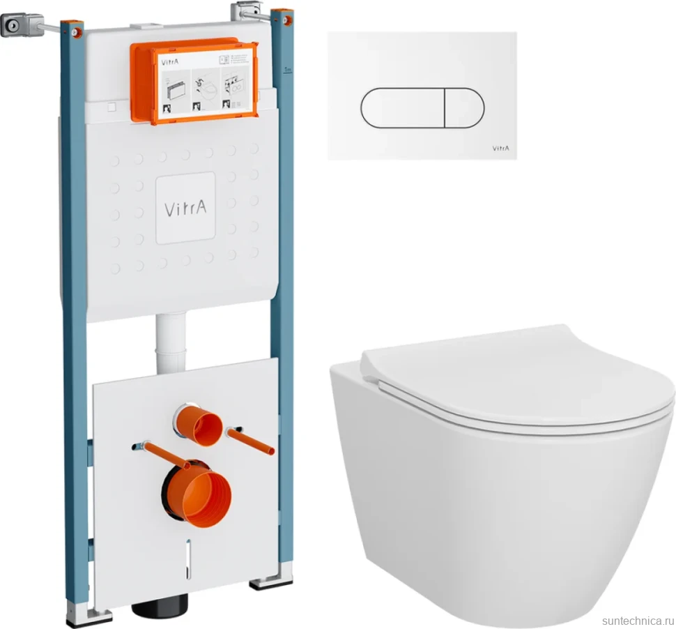 Комплект Унитаз подвесной VitrA Sanibelle 7551B003-0075 безободковый + Крышка 801-003-019 с микролифтом + Инсталляция V-Fix Core 732-5800-01PV + Кнопка Root Round 740-2200 белая глянцевая