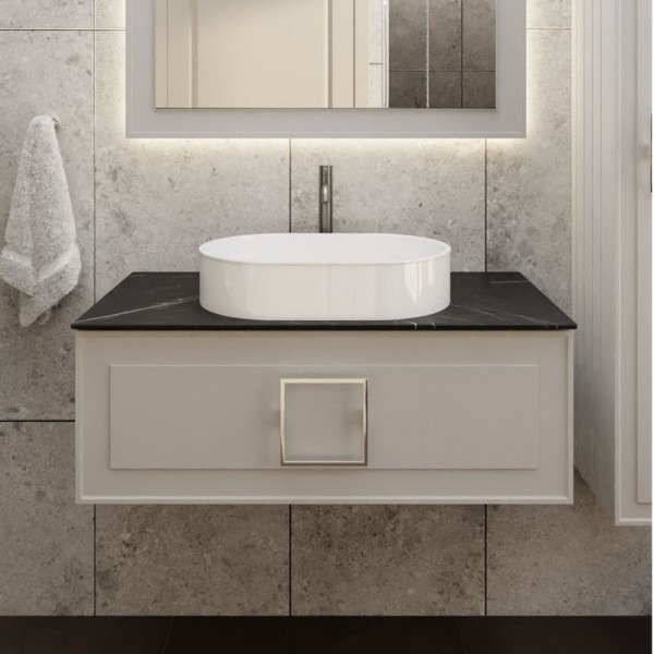 Тумба под раковину со столешницей La Fenice Cubo 90 подвесная, cappuccino, бежевая матовая, столешница черный мрамор, ручка белая