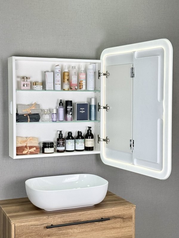 Зеркало-шкаф Alavann Cosmetic Light 70x80, с приближением, с подсветкой, глянцевый белый