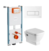 Комплект Унитаз подвесной Santek Нео 1WH302423 с микролифтом + Инсталляция VitrA V-Fix Core 732-5800-01PV + Кнопка Root Square 740-2300 белая глянцевая