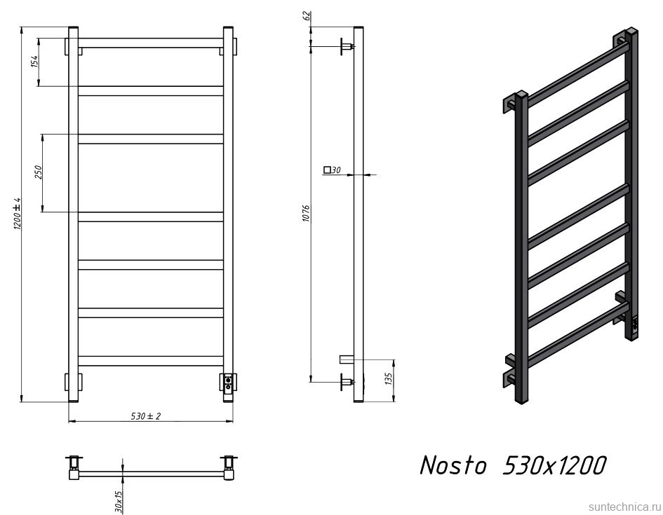 Полотенцесушитель электрический Grota Nosto 530х1200 NM EL 120x55 см, подключение справа, слева, скрытое подключение справа, матовый хром, лесенка