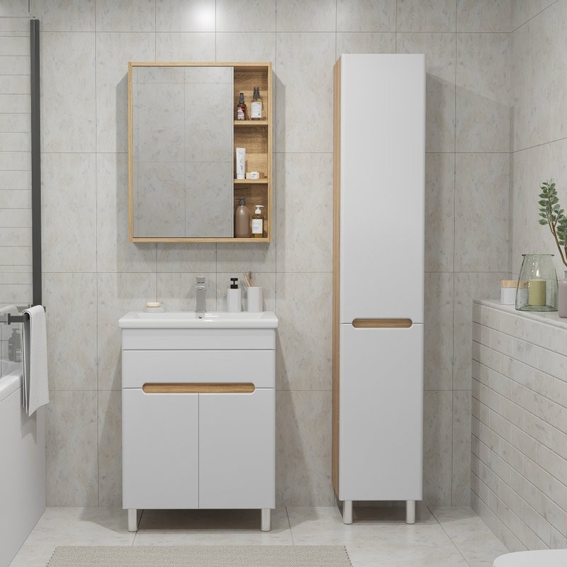 Тумба с раковиной SanStar Модена 50 напольная, глянцевая белая, дуб вотан, раковина Como 50