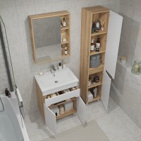 Тумба с раковиной SanStar Модена 50 напольная, глянцевая белая, дуб вотан, раковина Como 50