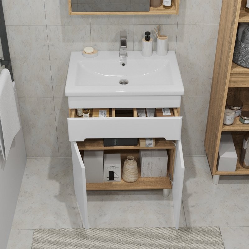 Тумба с раковиной SanStar Модена 50 напольная, глянцевая белая, дуб вотан, раковина Como 50