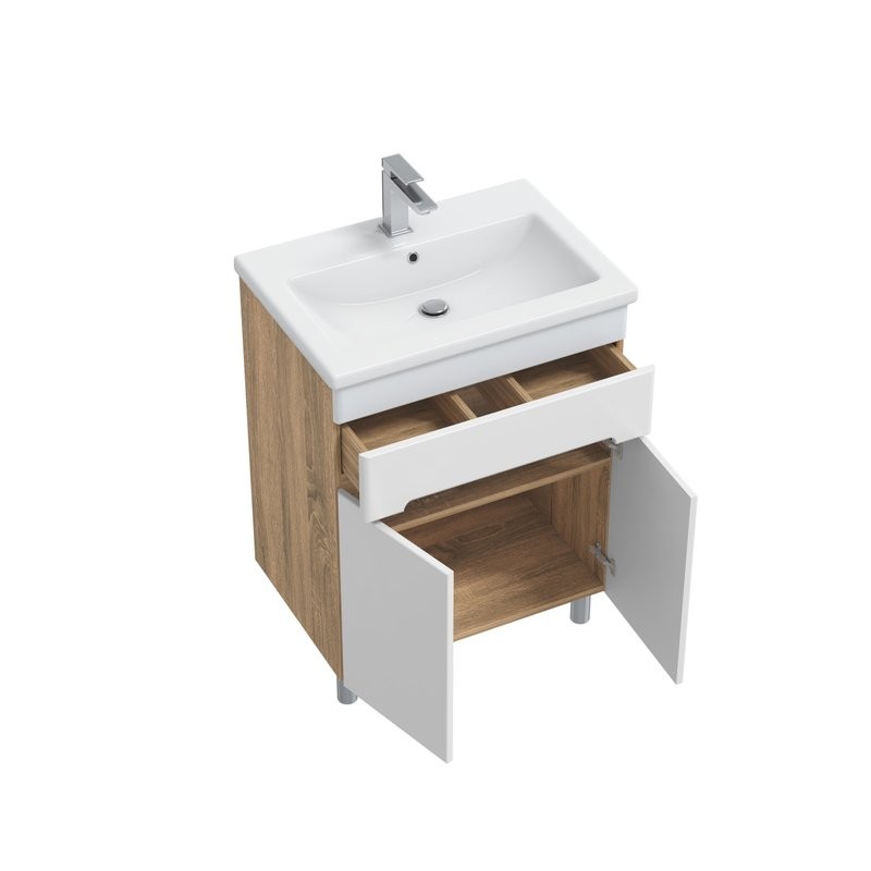 Тумба с раковиной SanStar Модена 50 напольная, глянцевая белая, дуб вотан, раковина Como 50