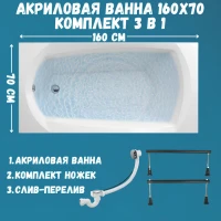 Акриловая ванна 1MarKa Elegance Стандарт 1 160x70 см, встраиваемая, белая, на ножках, со сливом-переливом