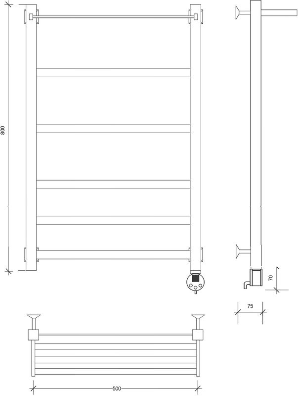 Полотенцесушитель электрический Secado Корсико 1 СП 85x55 см, подключение справа, матовый черный, лесенка, с полкой