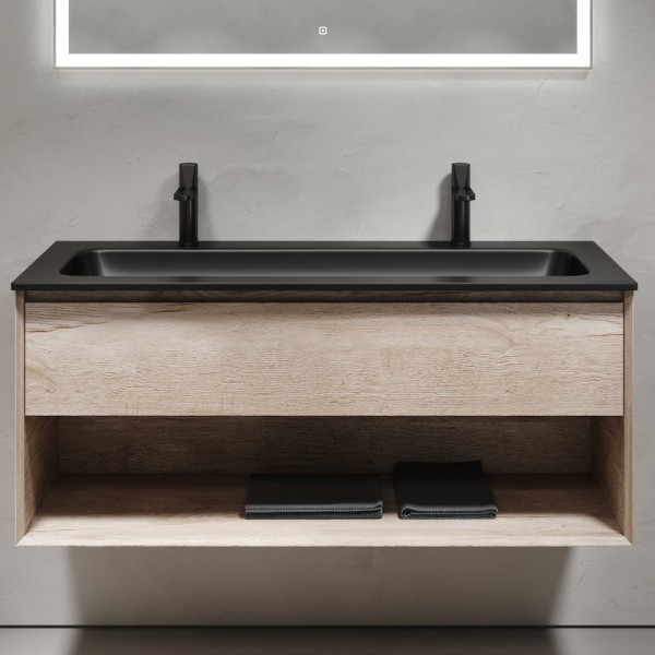 Тумба с раковиной Sancos Marmi 1.0 120 черная раковина, на двоих, дуб галифакс натуральный