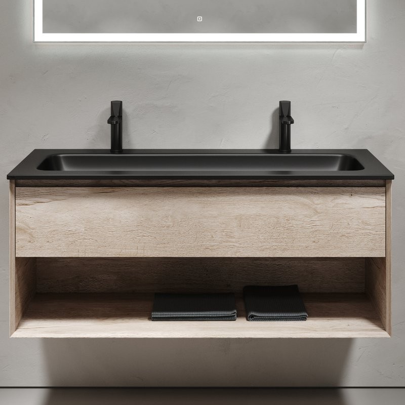 Тумба с раковиной Sancos Marmi 1.0 120 черная раковина, на двоих, дуб галифакс натуральный