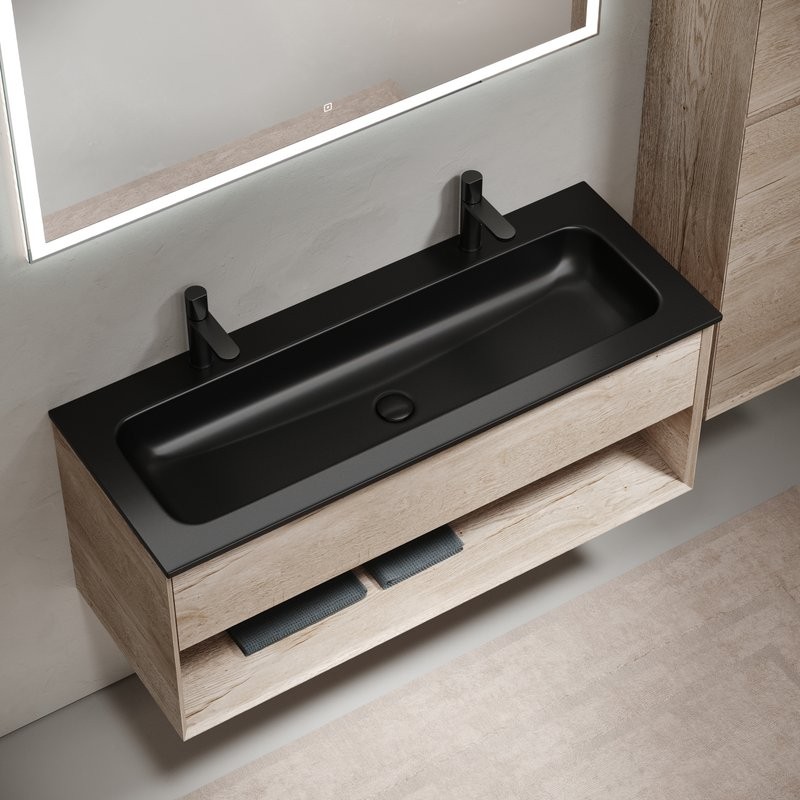 Тумба с раковиной Sancos Marmi 1.0 120 черная раковина, на двоих, дуб галифакс натуральный
