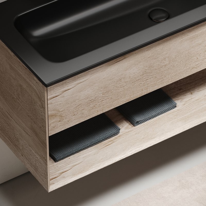 Тумба с раковиной Sancos Marmi 1.0 120 черная раковина, на двоих, дуб галифакс натуральный