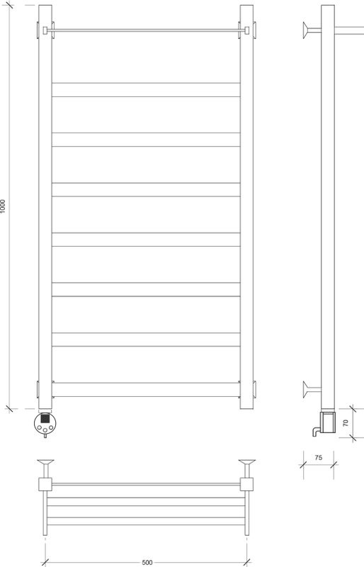 Полотенцесушитель электрический Secado Комано 1 СП , 105x55 см, скрытое подключение слева, матовый черный, лесенка, с полкой