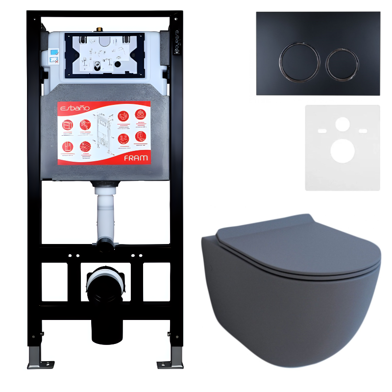 Комплект Унитаз подвесной Esbano Garcia ESUPGARCGM матовый серый + Инсталляция Fram + Кнопка ESINKRG11MB