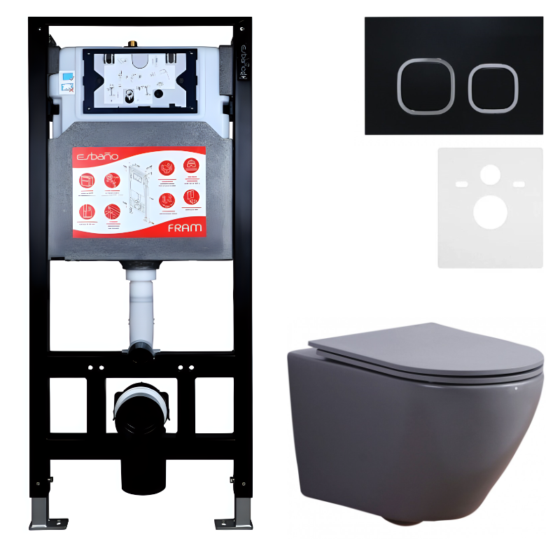 Комплект 3 в 1 Унитаз подвесной Esbano Azalea ESUPAZALGM + Инсталляция Fram + Кнопка ESINLPS10MB цвет матовый черный
