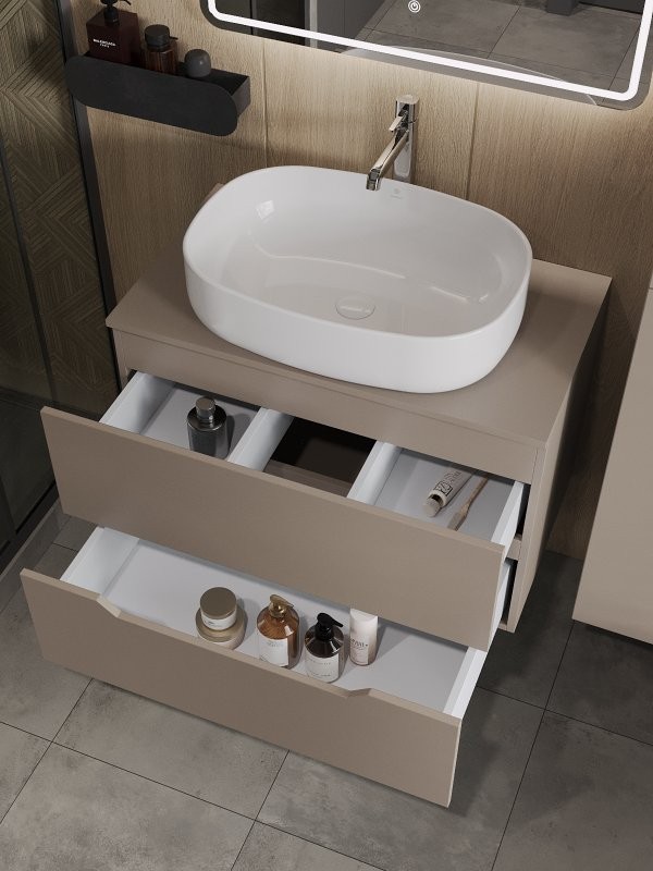 Мебель для ванной комнаты Orange Line 80 подвесная, 2 ящика, матовый латте с раковиной B08-600W