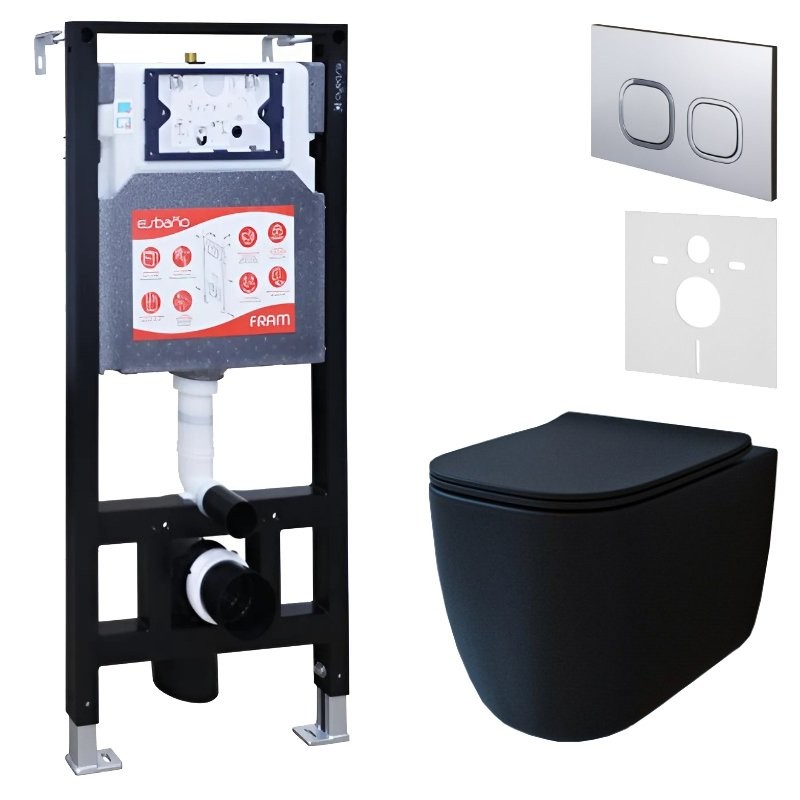 Комплект 3 в 1 Унитаз подвесной Esbano ESUPGARABM + Инсталляция Fram + Кнопка ESINLPS10MC цвет матовый хром