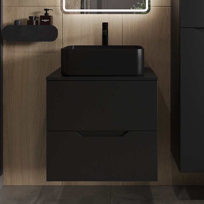 Тумба с раковиной Orange Line 60 подвесная, 2 ящика, матовая черная с раковиной B02-460MB