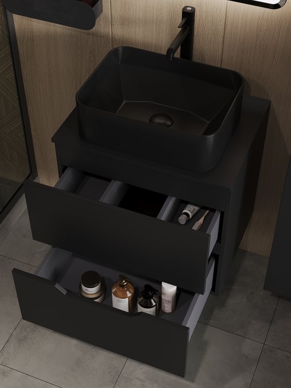 Тумба с раковиной Orange Line 60 подвесная, 2 ящика, матовая черная с раковиной B02-460MB