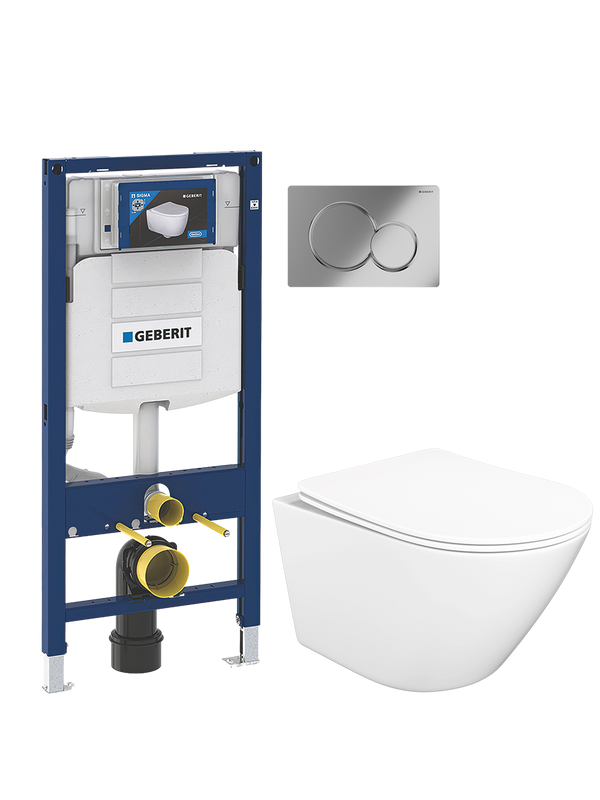 Комплект 3 в 1: Инсталляция Geberit Duofix UP 320 111.300.00.5 (111.950.00.6) + Унитаз подвесной STWORKI Левангер S07401WH безободковый, смыв Торнадо, с микролифтом, антивсплеск + Кнопка Sigma 01 115.770.21.5 глянцевый хром