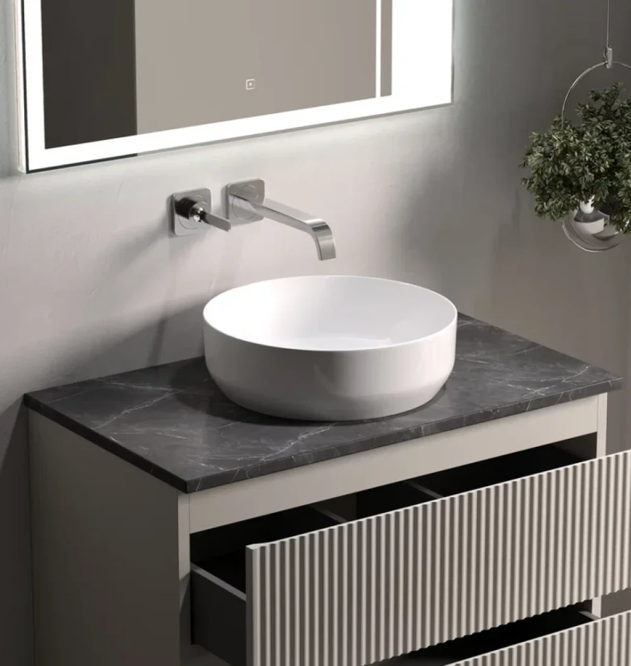 Тумба под раковину со столешницей Sancos Snob R 80 beige soft, столешница черный мрамор