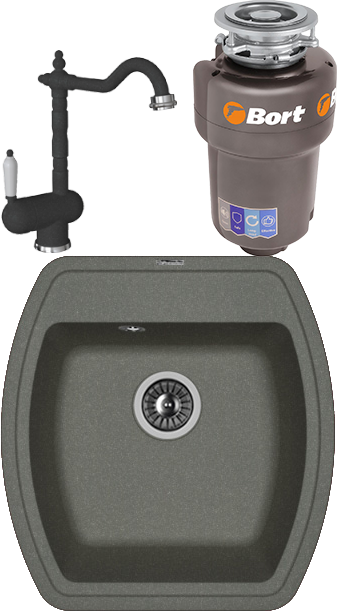 Комплект Мойка Florentina Нире 480 черный + Смеситель Ода FL черный + Измельчитель Bort Titan Max Power FullControl