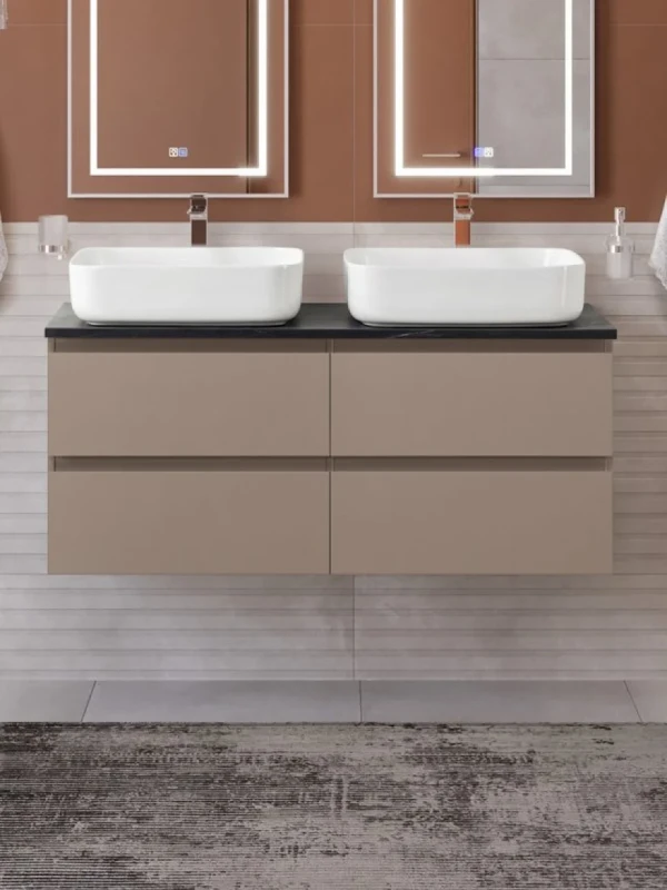 Тумба с раковиной BelBagno Kraft 120 подвесная, матовая бежевая, столешница kep-120-2-mno, раковина BB1304, для двоих