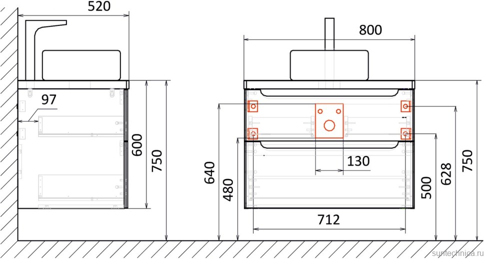 Тумба с раковиной STWORKI Берген 80 белая с темной столешницей, Moduo 50 Square