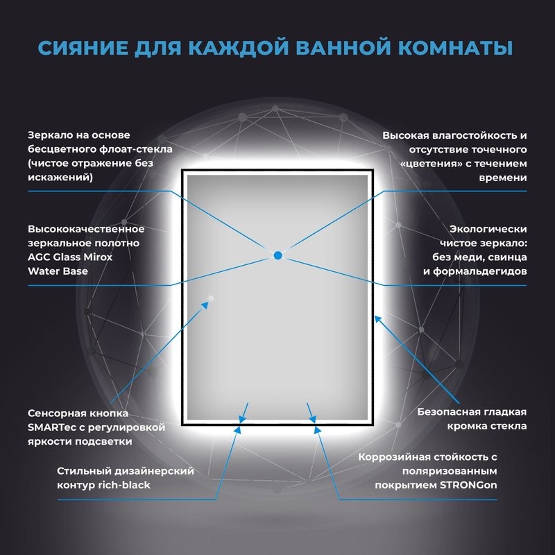 Зеркало Wellsee 7 Rays’ Spectrum 80х120 с фронтальной подсветкой, черное матовое