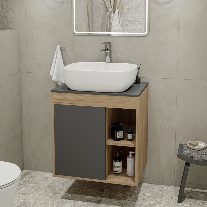 Тумба с раковиной Teymi Nura 60 дуб эврика, матовый графит, раковина Solli 50