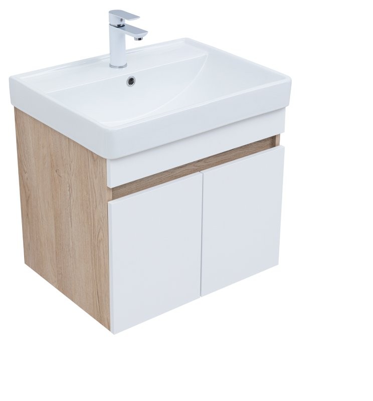 Тумба с раковиной Aquanet Оптима 60 подвесная, дуб светлый, белый сатин