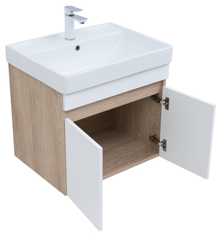 Тумба с раковиной Aquanet Оптима 60 подвесная, дуб светлый, белый сатин