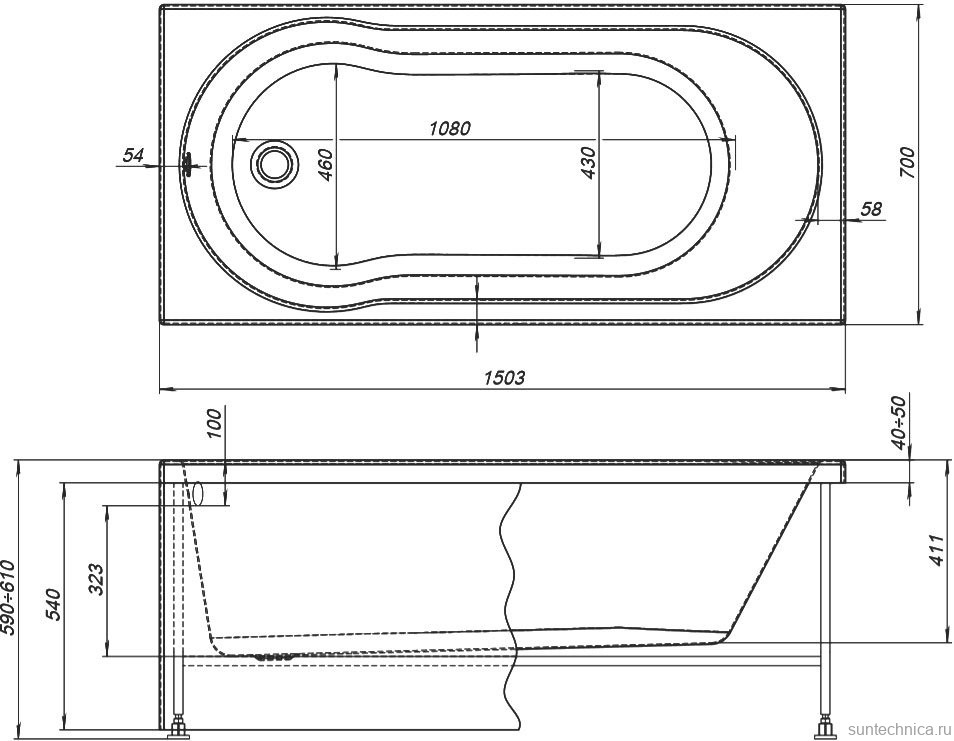 Акриловая ванна Aquanet Light 243869 150x70 см, пристенная, белая, с каркасом