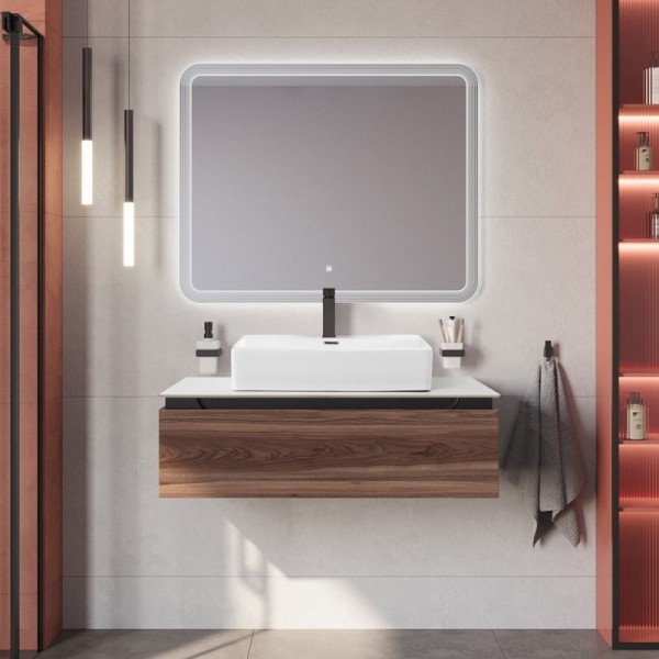 Мебель для ванной комнаты Cezares Slider 100 подвесная, 1 ящик, дымчатый орех, со столешницей bianco opaco