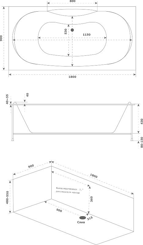 Акриловая ванна Bas Ньюлав 180x90 см, пристенная, белая, с каркасом