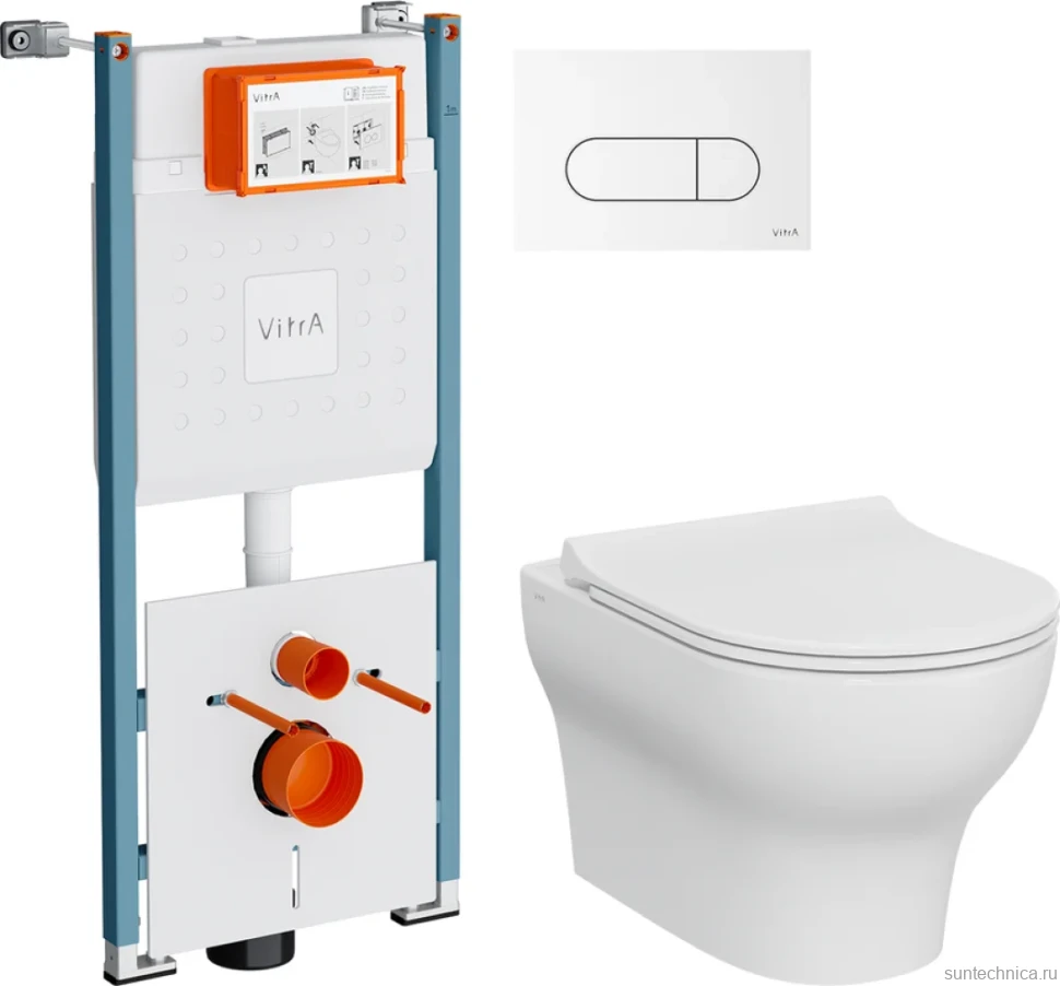 Комплект Унитаз подвесной VitrA Zentrum Round 7786B003-0075 безободковый + Крышка 801-003-019 с микролифтом + Инсталляция V-Fix Core 732-5800-01PV + Кнопка Root Round 740-2200 белая глянцевая