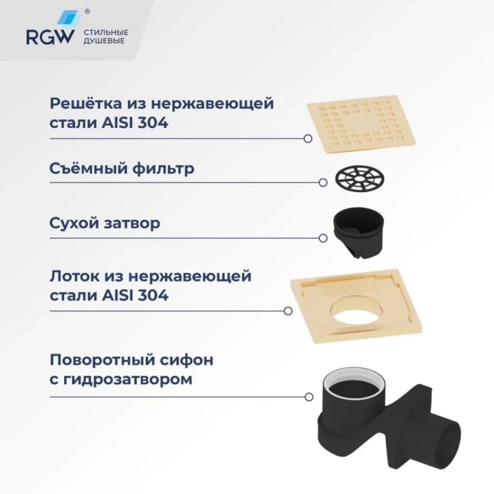Душевой трап RGW Drain Leo 01-10Gb 10x10, в пол, золото brush, с сифоном