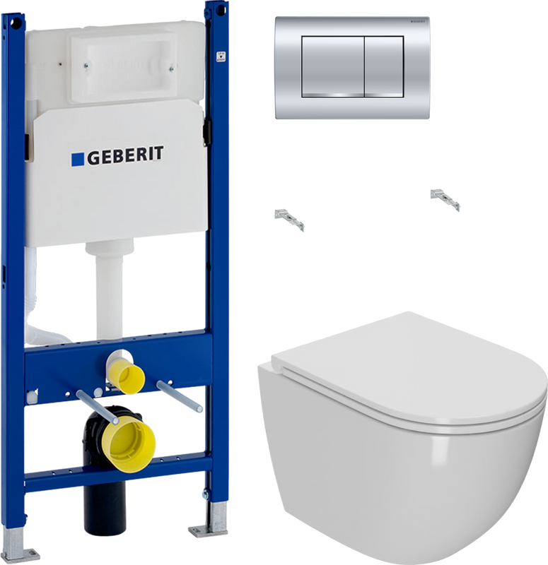 Комплект Унитаз подвесной Bauedge Bau Dream Hurricane 5 Inclosed безободковый, с микролифтом + Инсталляция Geberit Duofix Delta 458.163.21.1 с кнопкой смыва, хром
