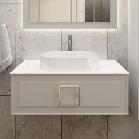 Тумба под раковину со столешницей La Fenice Cubo 90 подвесная, cappuccino, бежевая матовая, столешница белый мрамор, ручка белая