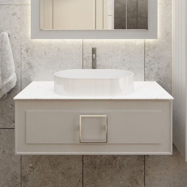 Тумба под раковину со столешницей La Fenice Cubo 90 подвесная, cappuccino, бежевая матовая, столешница белый мрамор, ручка белая