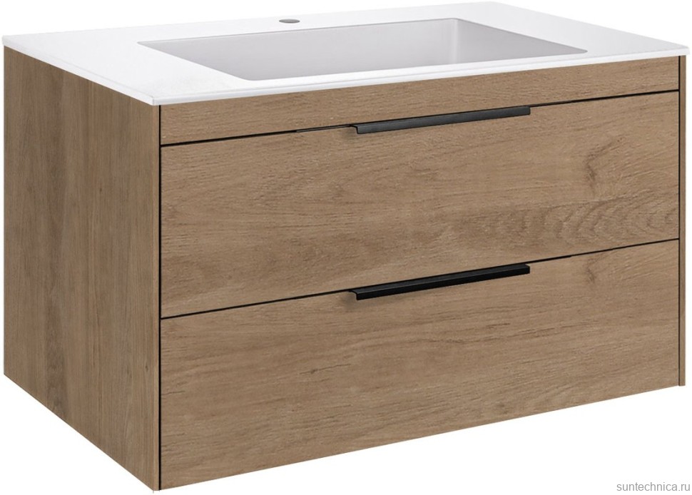 Мебель для ванной комнаты Vincea Chiara 2D 80, 2 ящика, натуральный дуб, с белой раковиной