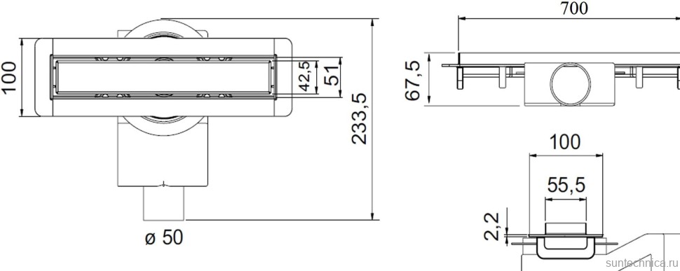 Душевой трап (лоток) Plumberia Selection PSM Modular PSM70MT 70 см, решетка матовая нержавеющая сталь, с сифоном, под плитку