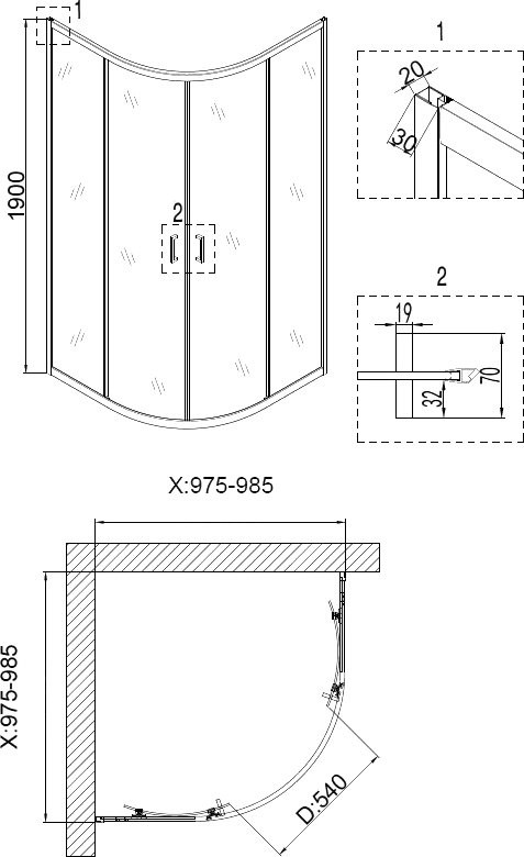 Душевой уголок Niagara Nova NG-6807-08 BLACK 100x100, четверть круга, черный
