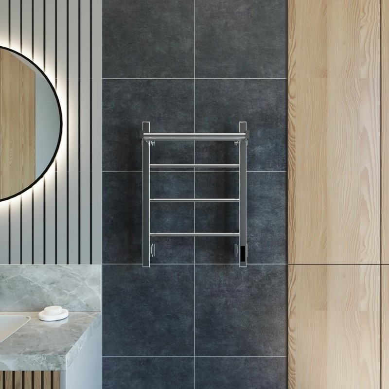 Полотенцесушитель электрический Grota App 430х600 NP EL 60x45 см, подключение справа, слева, скрытое подключение справа, глянцевый хром, лесенка, с полкой