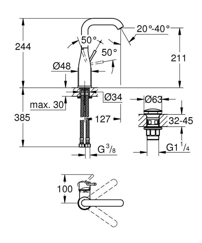 Смеситель для раковины GROHE Essence с донным клапаном, L-Size, хром (24182001)
