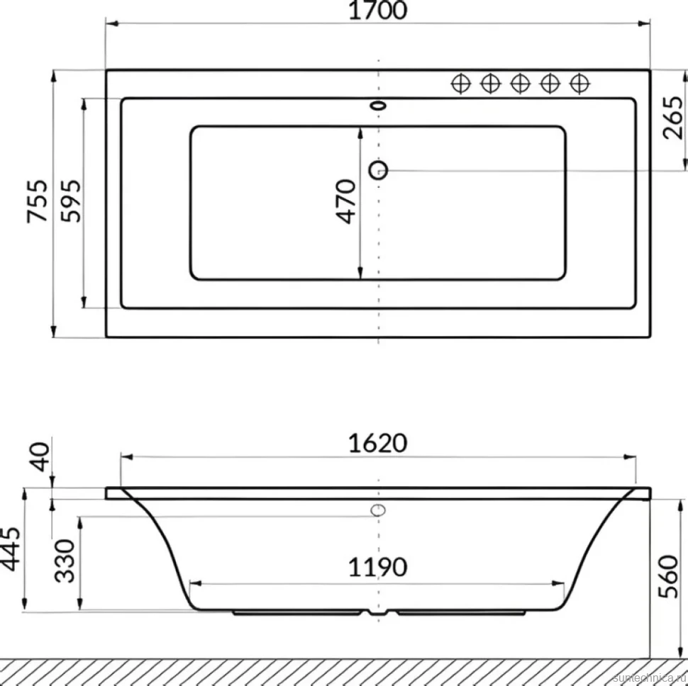 Акриловая ванна Excellent Pryzmat Line 170x75 см, встраиваемая, с гидромассажем, белая, с каркасом, со сливом-переливом, фурнитура бронза