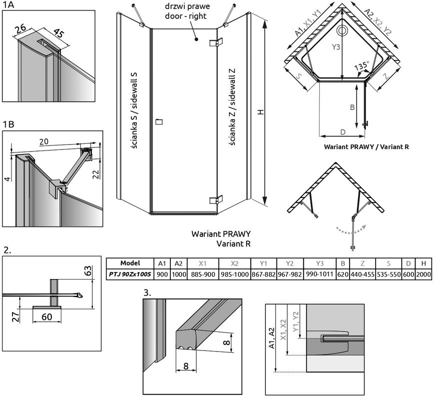 Душевой уголок Radaway Essenza New Black PTJ 90х100 R