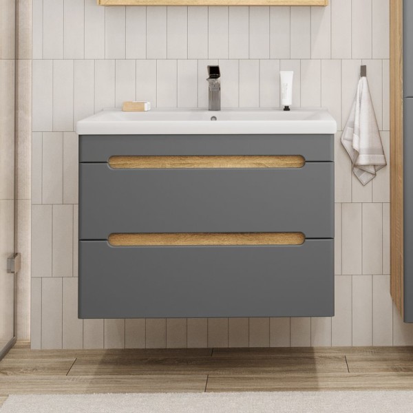 Тумба с раковиной SanStar Diva 70 подвесная, графит софт, дуб вотан, раковина Миранда 70