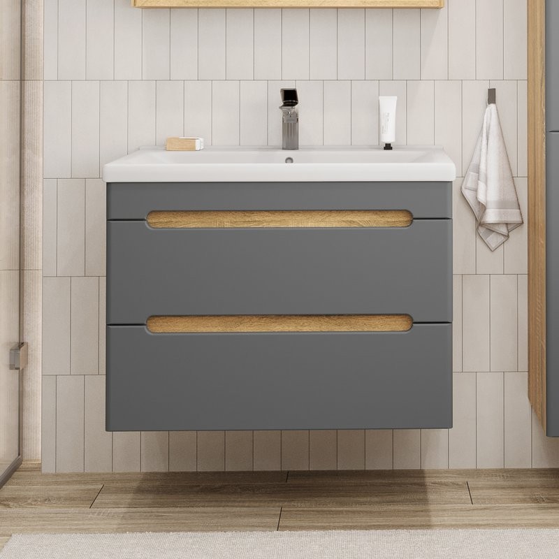 Тумба с раковиной SanStar Diva 70 подвесная, графит софт, дуб вотан, раковина Миранда 70