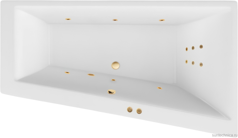 Акриловая ванна Excellent Sfera Line R 170x100 см, угловая, правая, встраиваемая, с гидромассажем, белая, асимметричная, с каркасом, со сливом-переливом, фурнитура золото