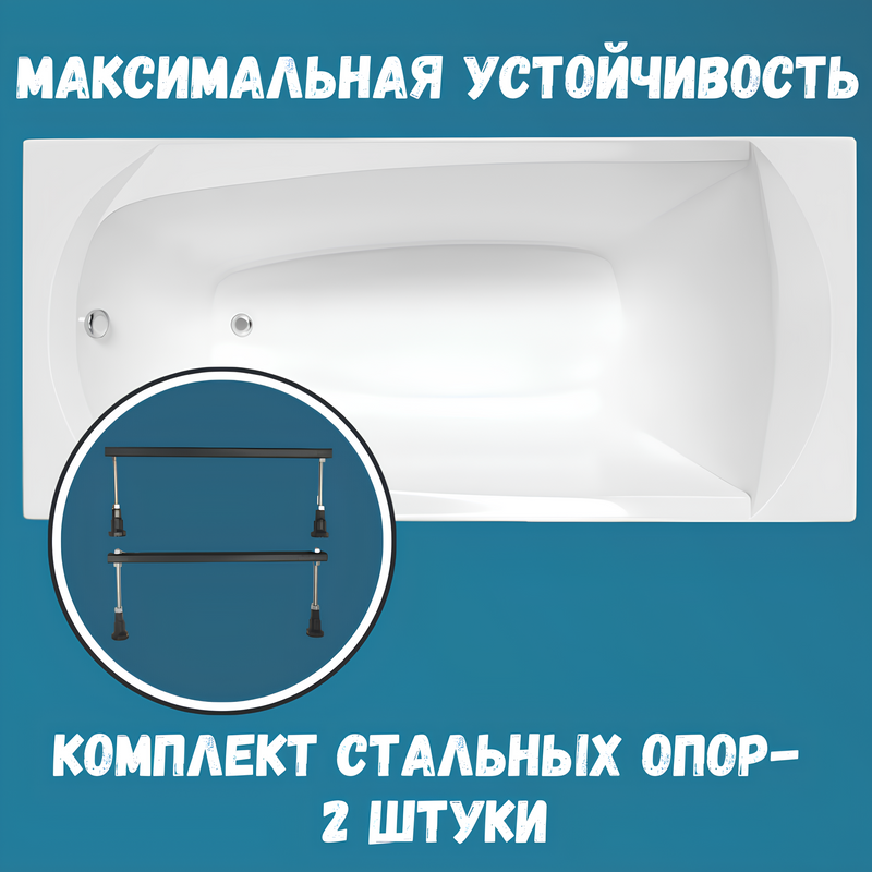 Акриловая ванна 1MarKa Elegance Стандарт 1 165x70 см, встраиваемая, белая, на ножках, со сливом-переливом